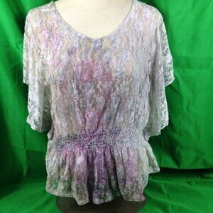 Mel & Mo Womens White Lace Dyed Short Sleeve Pullover Top Blouse Sz Large